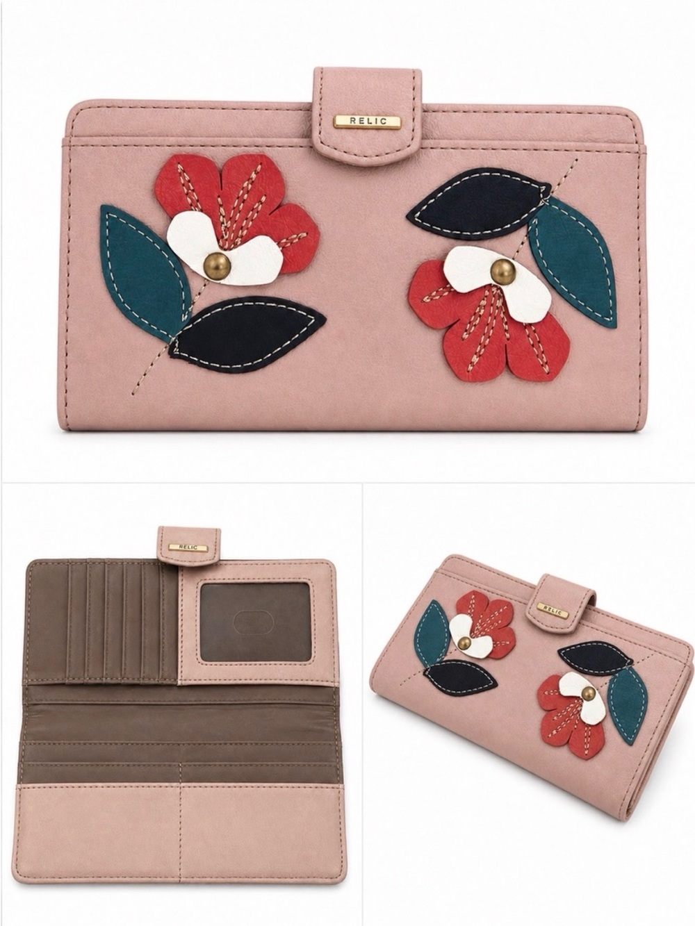 Relic by Fossil Pink Floral Appliqué Wallet Snap Closure